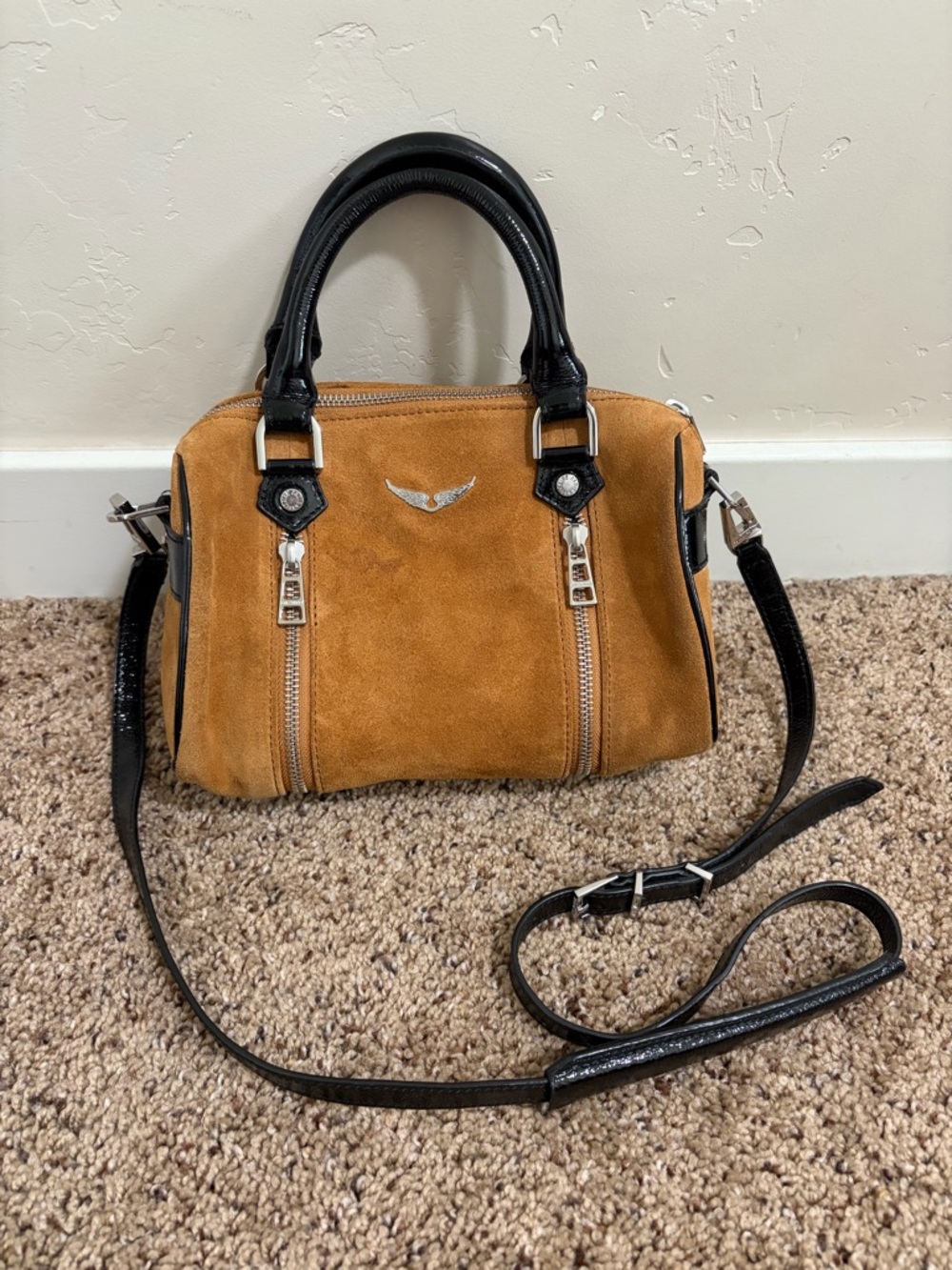 Zadig & Voltaire Sunny Suede Patent Satchel Bag Crossbody Bag, Camel Brown Black